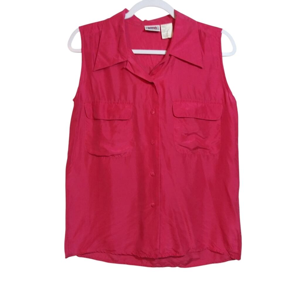 Backroad Blues Vintage 90s Silk  Sleeveless Button-Front Blouse — Hot Pink Sz S